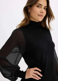 Damen bonprix Strickmode|Pullover & Strickjacken|Feinstrickpullover mit Blusen-Einsatz