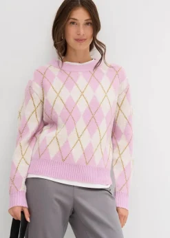 Damen bonprix Strickmode|Pullover & Strickjacken|Feinstrickpullover mit Karomuster