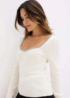 Outlet Feinstrickpullover mit Schmuck-Detail Damen Strickmode|Pullover & Strickjacken