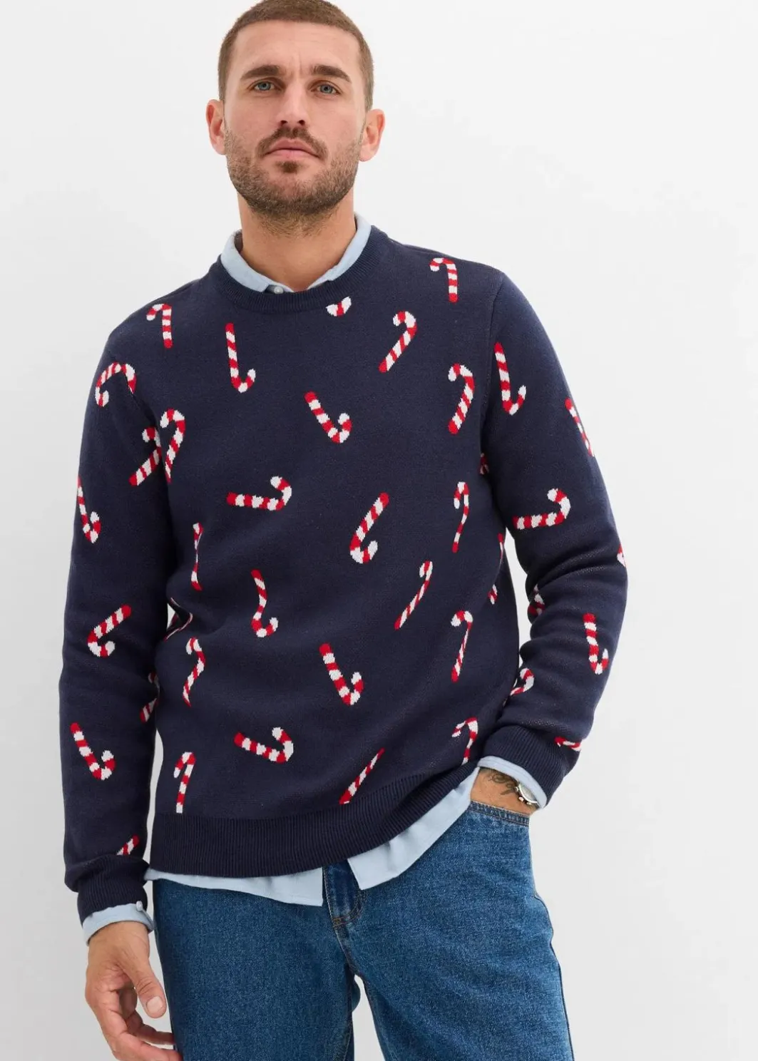 Herren bonprix Große Größen|Pullover & Strickjacken|Feinstrickpullover mit Weihnachtsmotiv aus weichem Baumwollmix