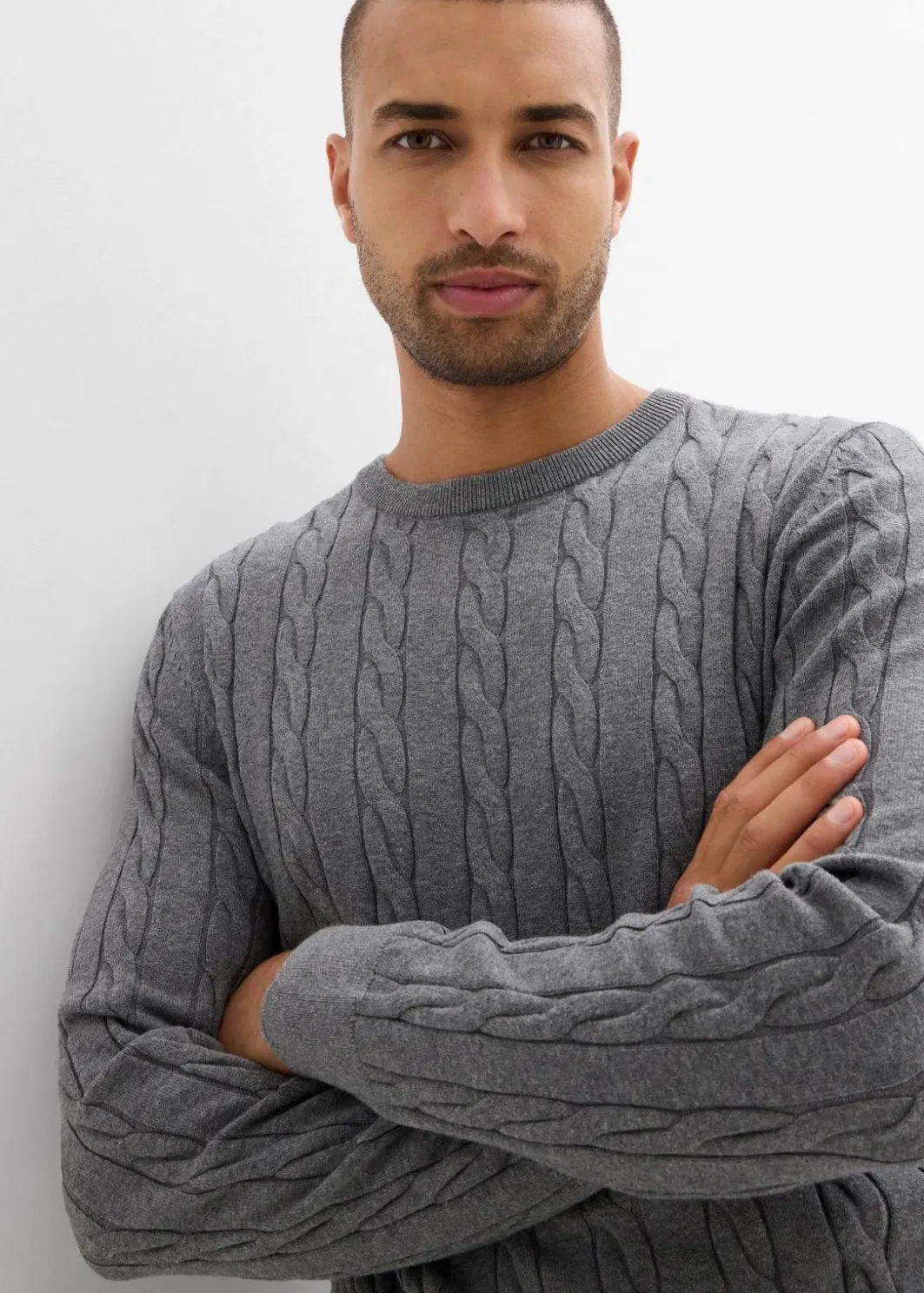 Herren bonprix Große Größen|Pullover & Strickjacken|Feinstrickpullover mit Zopfmuster aus weichem Baumwollmix , Slim Fit