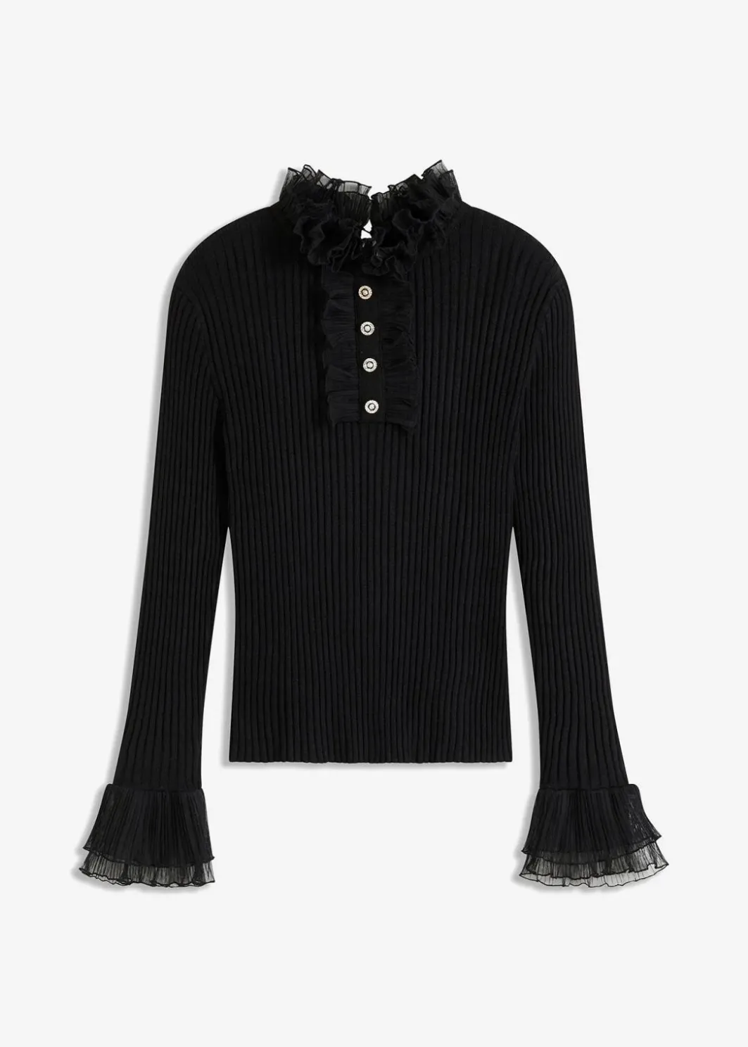 Feinstrick-Shirt mit Chiffon-Volants Damen Nachhaltigere Materialien|Shirts & Tops