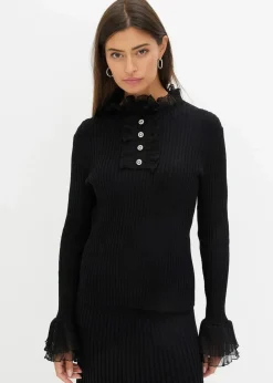 Feinstrick-Shirt mit Chiffon-Volants Damen Nachhaltigere Materialien|Shirts & Tops