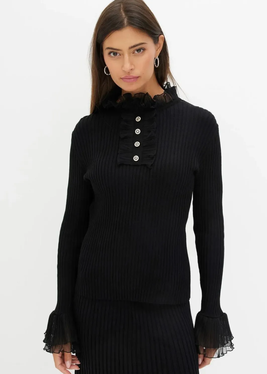 Feinstrick-Shirt mit Chiffon-Volants Damen Nachhaltigere Materialien|Shirts & Tops