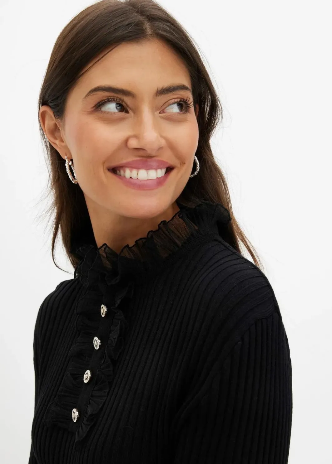 Feinstrick-Shirt mit Chiffon-Volants Damen Nachhaltigere Materialien|Shirts & Tops