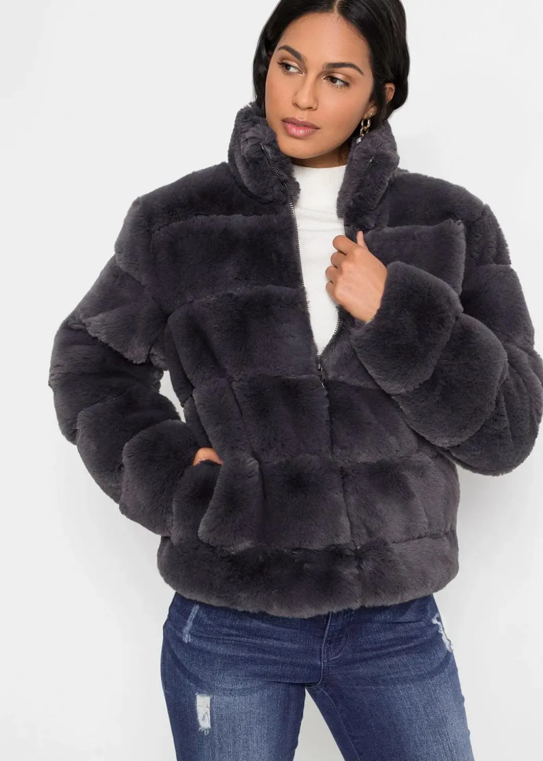 Outlet Fellimitat-Jacke mit Reißverschluss Damen Jacken & Mäntel|Bekleidung·Hosen