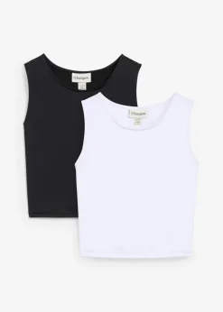 Damen bonprix Nachhaltigere Materialien|Shirts & Tops|Figurbetontes Cropped Top, Doppelpack (2-tlg. Set)
