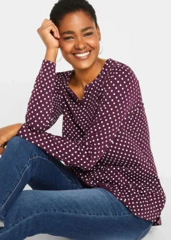 Online Gepunktetes Baumwoll-Langarmshirt mit Seitenschlitzen Damen Shirts & Tops