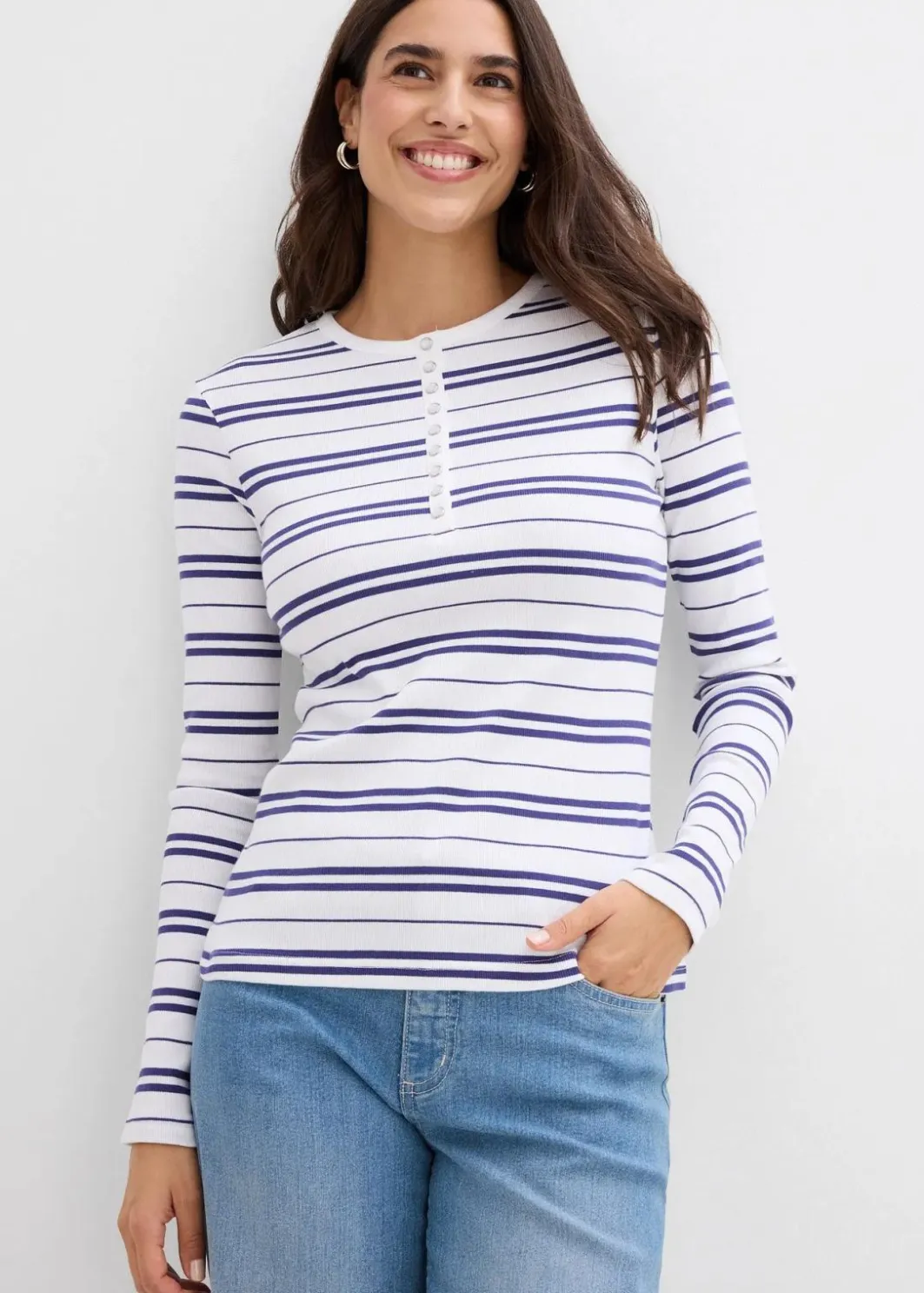 Damen bonprix Shirts & Tops|Geripptes Langarmshirt aus Bio-Baumwollmix