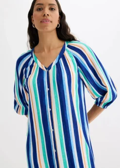 New gestreiftes Kaftan-Kleid aus strukturierter Viskose Damen Bekleidung·Pullover & Strickjacken|Nachhaltigere Materialien