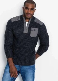 Herren bonprix Große Größen|Pullover & Strickjacken|Grobstrick Troyer Pullover mit Web-Besatz