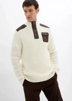 Herren bonprix Pullover & Strickjacken|Große Größen|Grobstrick Troyer Pullover mit Web-Besatz
