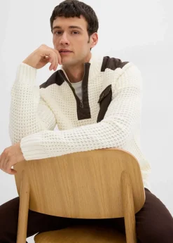 Herren bonprix Pullover & Strickjacken|Große Größen|Grobstrick Troyer Pullover mit Web-Besatz