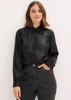 Online Hemdbluse aus glänzendem Satin Damen Bekleidung·Jacken & Mäntel|Blusen & Tuniken