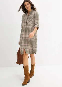 Damen bonprix Kleider|Bekleidung·Pullover & Strickjacken|Hemdblusenkleid aus reiner Baumwolle