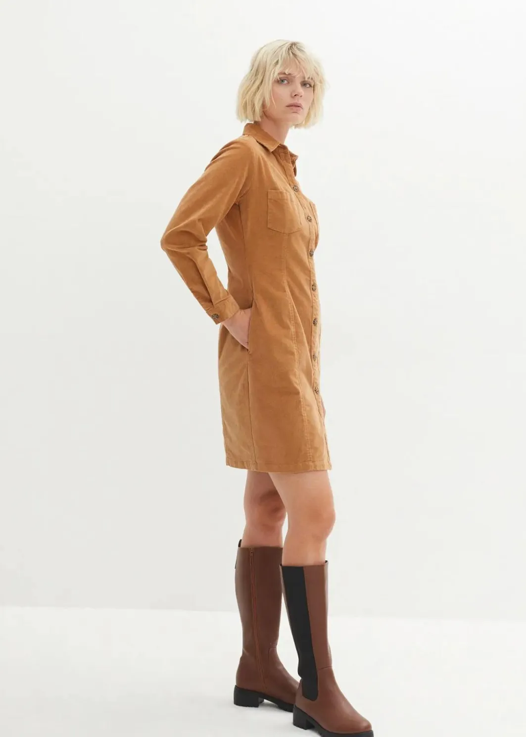 Damen bonprix Kleider|Bekleidung·Pullover & Strickjacken|Hemdblusenkleid Cord, Stretch