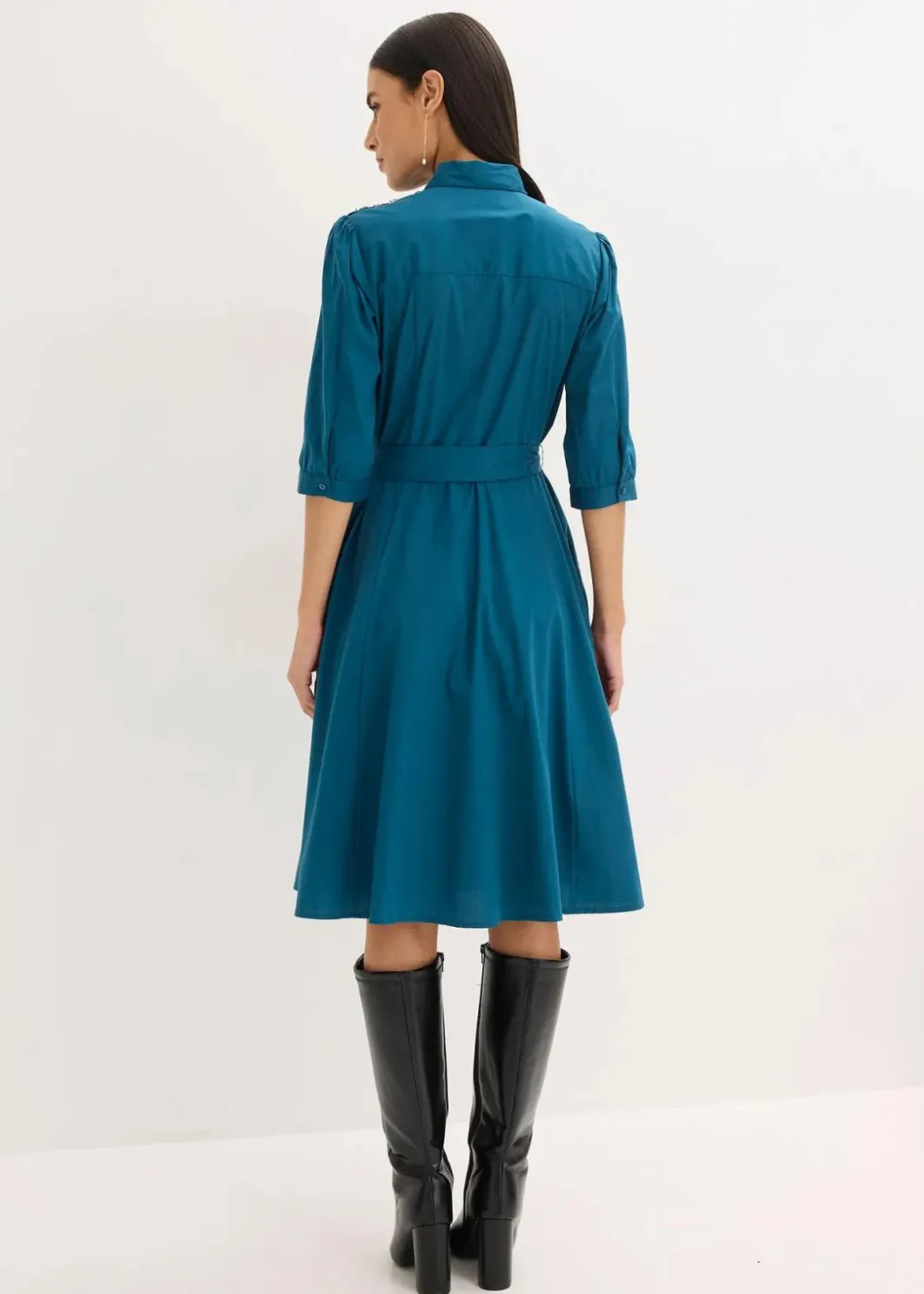 Damen bonprix Kurzgrößen|Bekleidung·Pullover & Strickjacken|Hemdblusenkleid mit Spitze und Bindeband