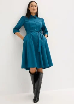 Damen bonprix Kurzgrößen|Bekleidung·Pullover & Strickjacken|Hemdblusenkleid mit Spitze und Bindeband