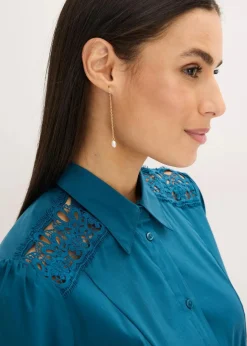 Damen bonprix Kurzgrößen|Bekleidung·Pullover & Strickjacken|Hemdblusenkleid mit Spitze und Bindeband
