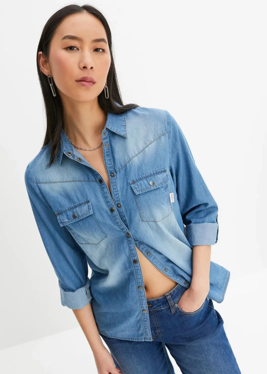 Damen bonprix Bekleidung·Jacken & Mäntel|Blusen & Tuniken|Jeansbluse mit Druckknöpfen, Langarm
