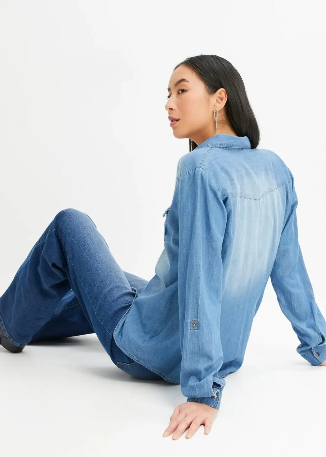 Damen bonprix Bekleidung·Jacken & Mäntel|Blusen & Tuniken|Jeansbluse mit Druckknöpfen, Langarm