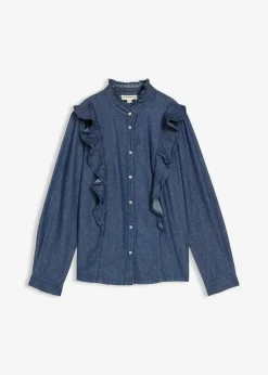 Damen bonprix Bekleidung·Jacken & Mäntel|Blusen & Tuniken|Jeansbluse mit Volants, aus reiner Baumwolle