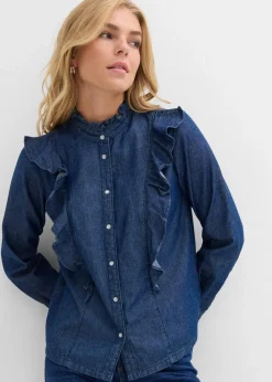 Damen bonprix Bekleidung·Jacken & Mäntel|Blusen & Tuniken|Jeansbluse mit Volants, aus reiner Baumwolle