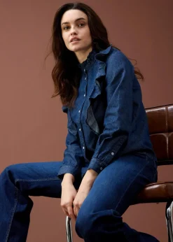 Damen bonprix Bekleidung·Jacken & Mäntel|Blusen & Tuniken|Jeansbluse mit Volants, aus reiner Baumwolle