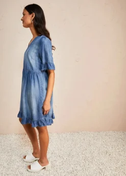 Damen bonprix Nachhaltigere Materialien|Kleider|Jeanskleid mit Volants