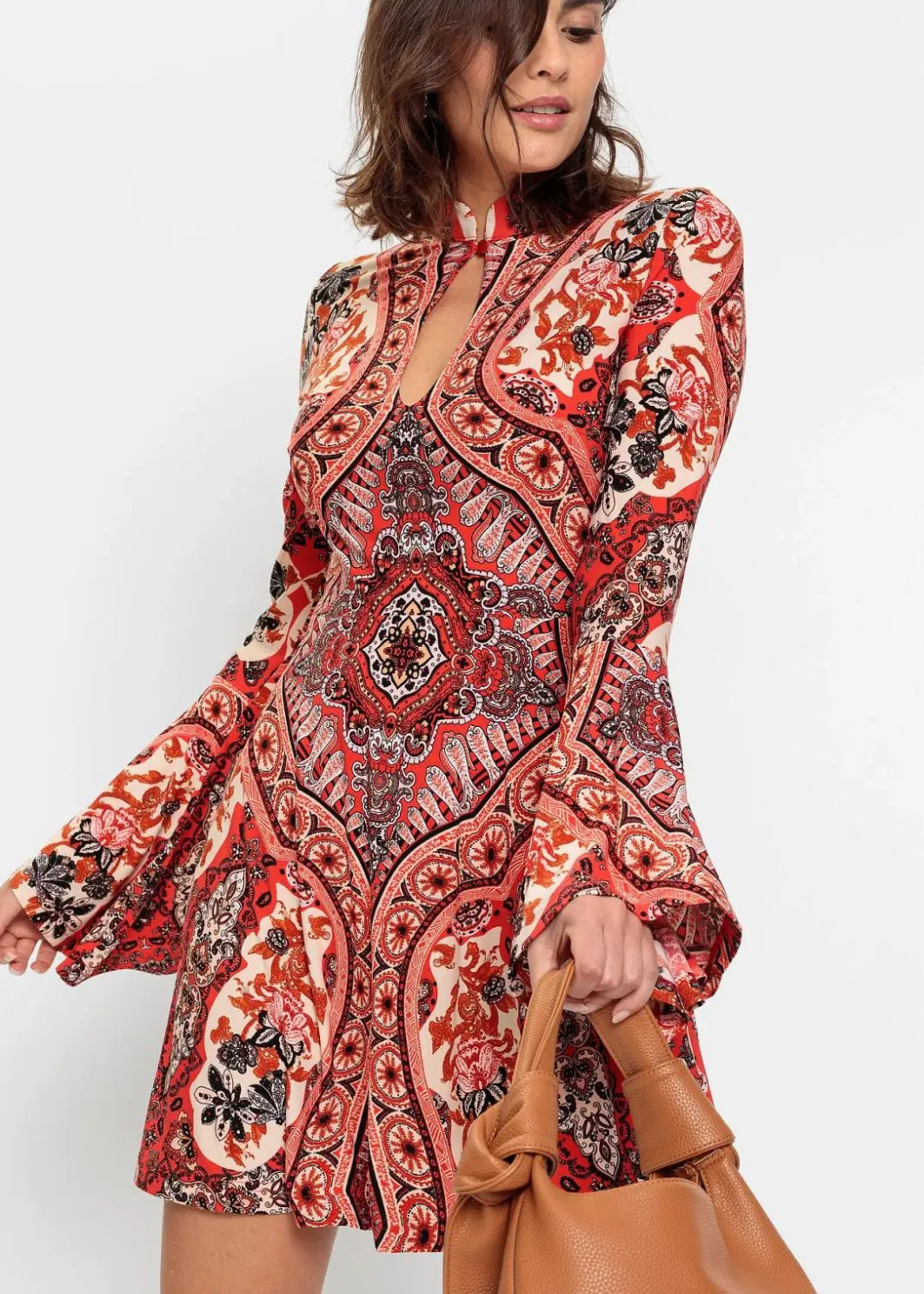 Damen bonprix Bekleidung·Pullover & Strickjacken|Nachhaltigere Materialien|Jerseykleid mit Stehkragen und Volant-Ärmel
