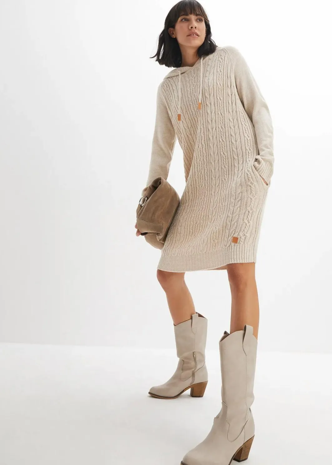 Damen bonprix Bekleidung·Umstandsmode|Bekleidung·Pullover & Strickjacken|Kapuzen-Strickkleid mit Zopfmuster