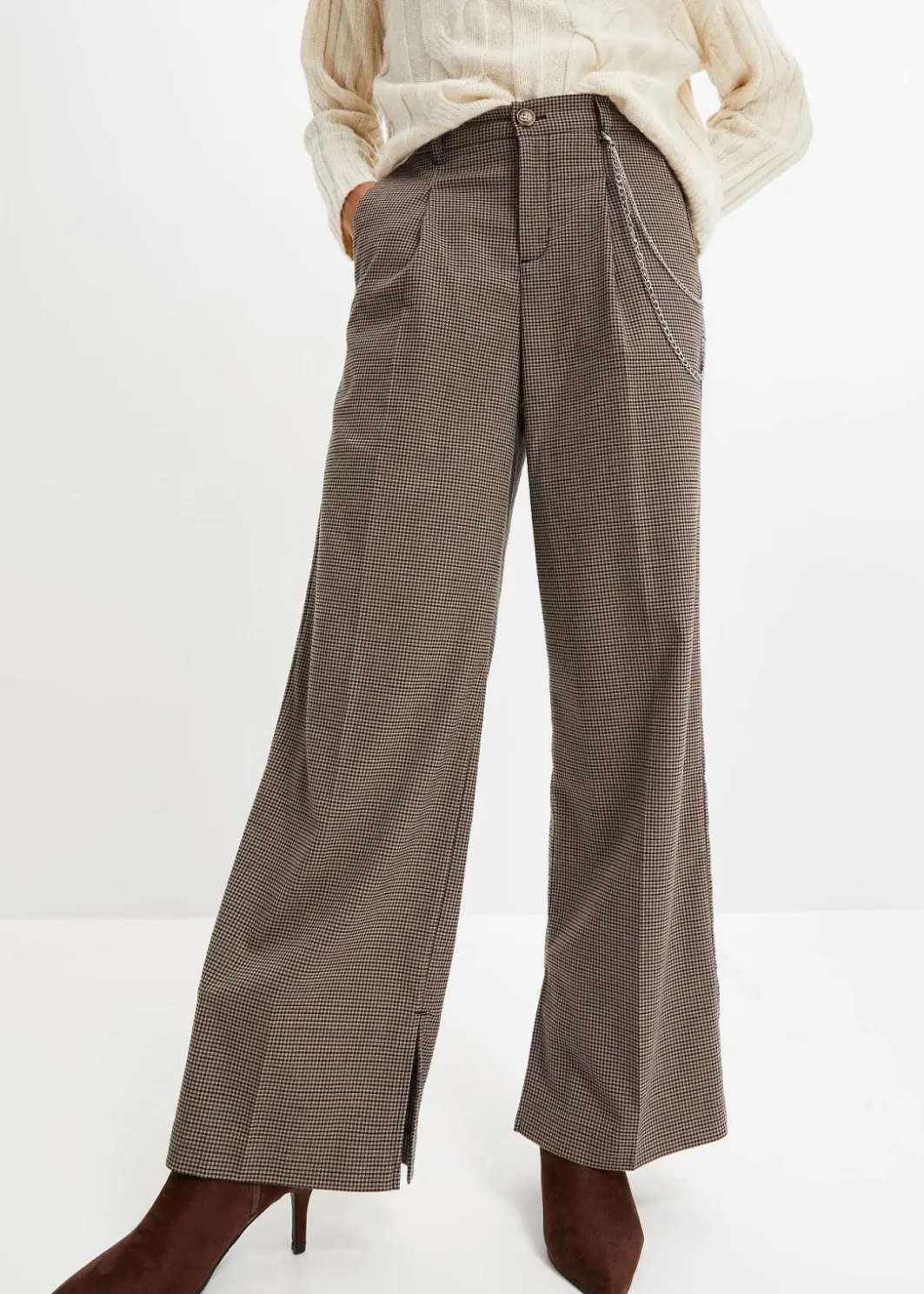 New Karierte Bundfaltenhose mit abnehmbarer Kette Damen Hosen