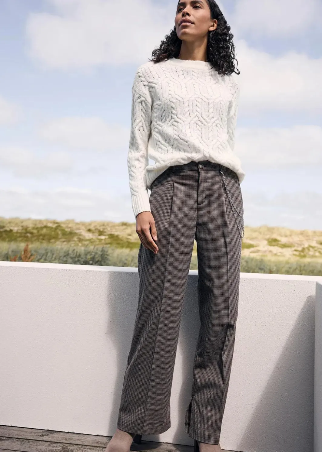 New Karierte Bundfaltenhose mit abnehmbarer Kette Damen Hosen