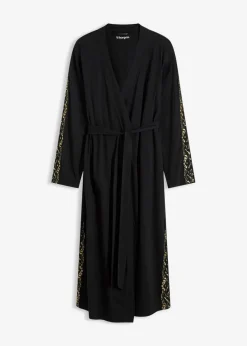 Damen bonprix Wäsche·Bademäntel|Bademäntel|Kimono Morgenmantel mit zarter Glitzerspitze