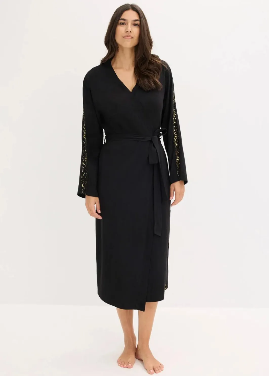 Damen bonprix Wäsche·Bademäntel|Bademäntel|Kimono Morgenmantel mit zarter Glitzerspitze