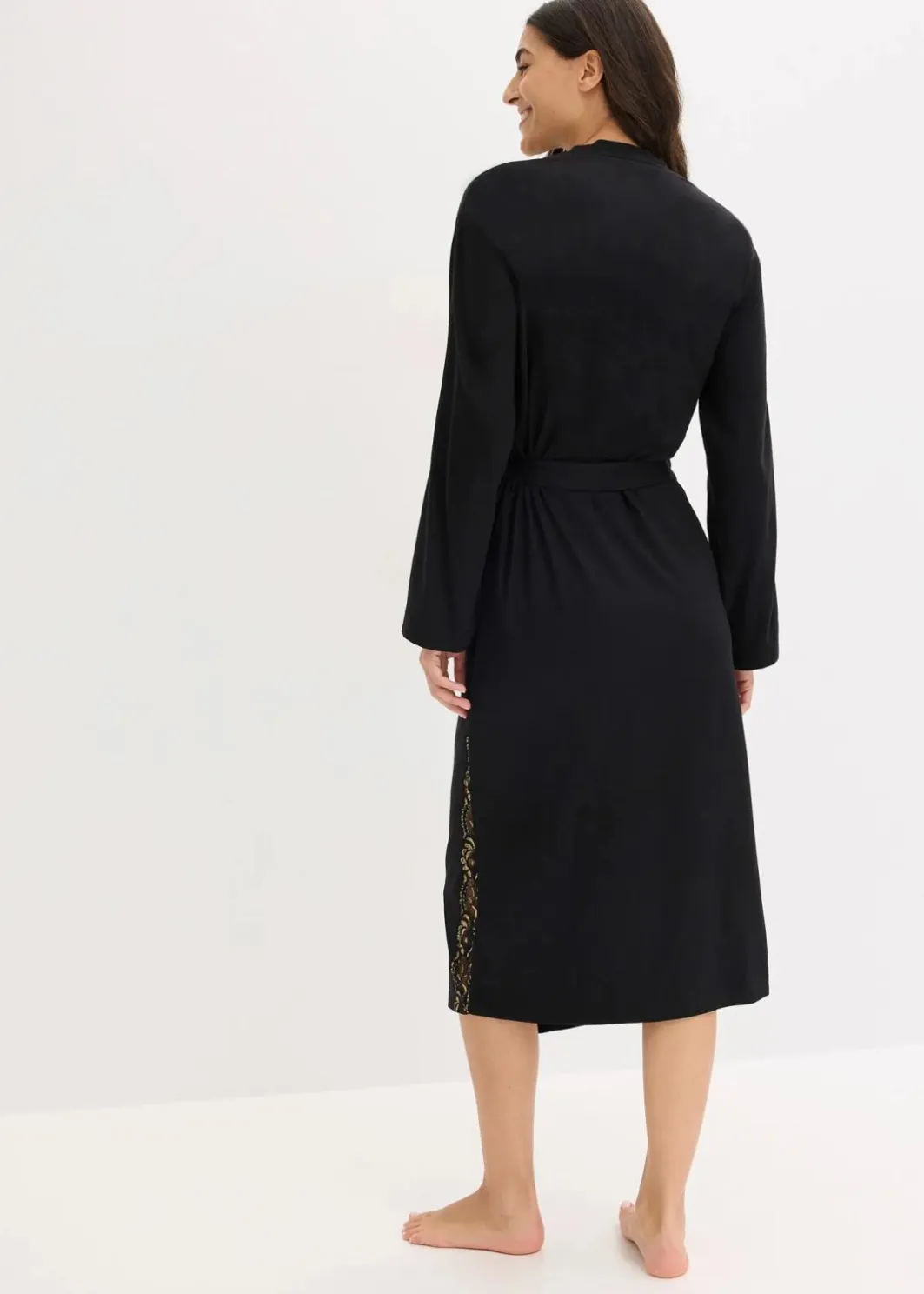 Damen bonprix Wäsche·Bademäntel|Bademäntel|Kimono Morgenmantel mit zarter Glitzerspitze