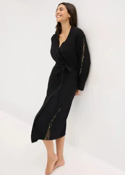 Damen bonprix Wäsche·Bademäntel|Bademäntel|Kimono Morgenmantel mit zarter Glitzerspitze