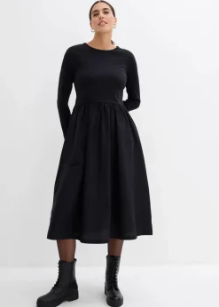 Damen bonprix Kleider|Bekleidung·Pullover & Strickjacken|Kleid im Materialmix aus reiner Baumwolle