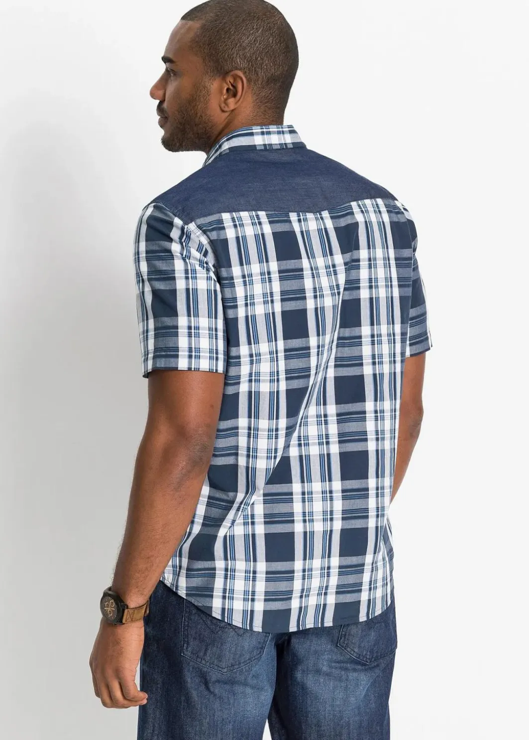 Outlet Kurzarmhemd mit Denim-Besatz Herren Große Größen|Hemden