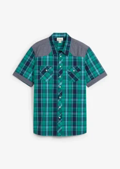 Herren bonprix Große Größen|Hemden|Kurzarmhemd mit Denim-Besatz