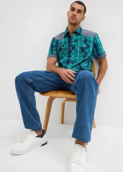 Herren bonprix Große Größen|Hemden|Kurzarmhemd mit Denim-Besatz