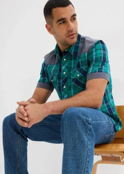 Herren bonprix Große Größen|Hemden|Kurzarmhemd mit Denim-Besatz