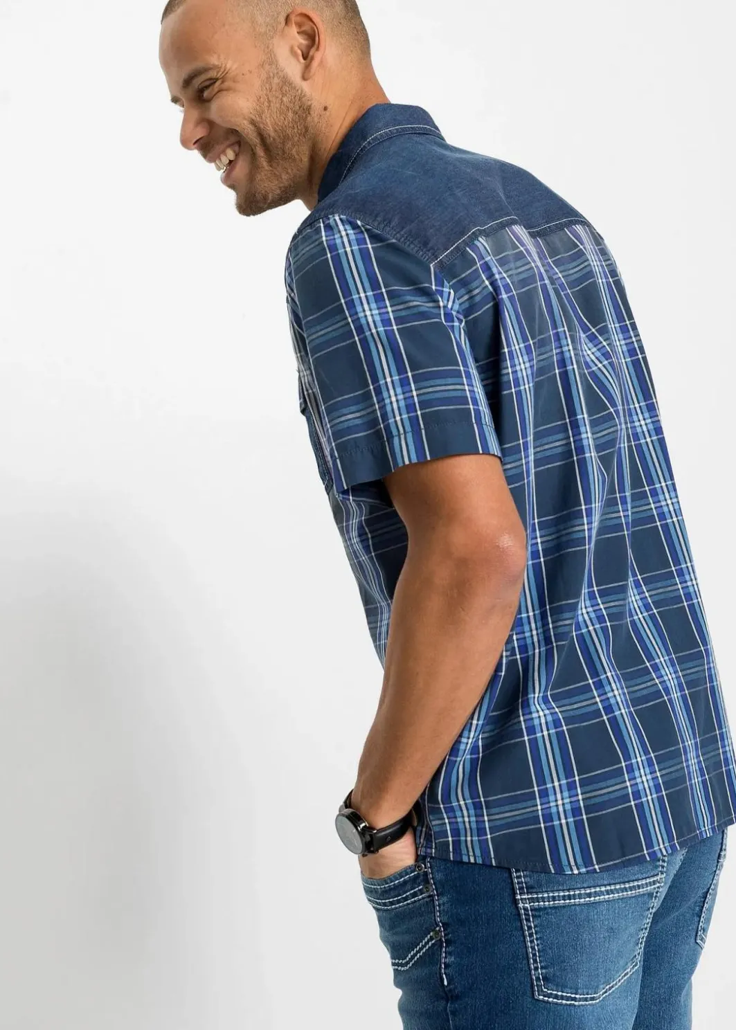 Best Kurzarmhemd mit Denimbesatz aus reiner Bio-Baumwolle Herren Große Größen|Hemden