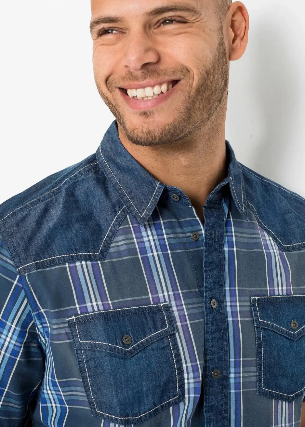 Best Kurzarmhemd mit Denimbesatz aus reiner Bio-Baumwolle Herren Große Größen|Hemden