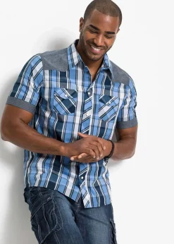 Herren bonprix Hemden|Große Größen|Kurzarmhemd mit Denim-Besatz
