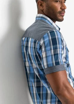 Herren bonprix Hemden|Große Größen|Kurzarmhemd mit Denim-Besatz