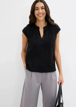 Damen bonprix Shirts & Tops|Nachhaltigere Materialien|Kurzarmshirt mit Henley-Ausschnitt aus Viskosemix