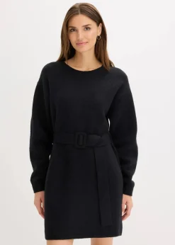 Damen bonprix Kleider|Strickmode|Kurzes Strickkleid mit softem Wollanteil und Gürtel