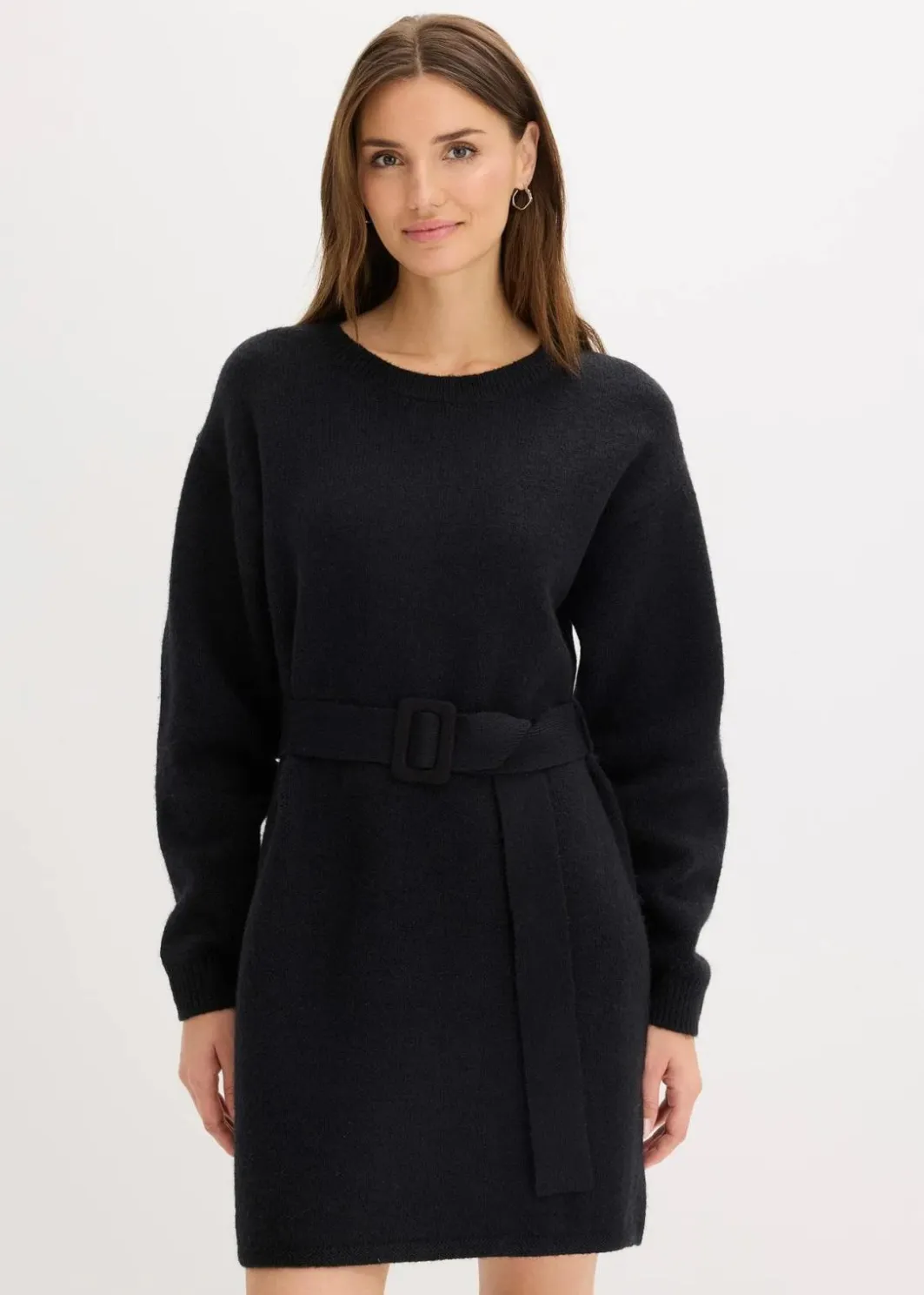 Damen bonprix Kleider|Strickmode|Kurzes Strickkleid mit softem Wollanteil und Gürtel