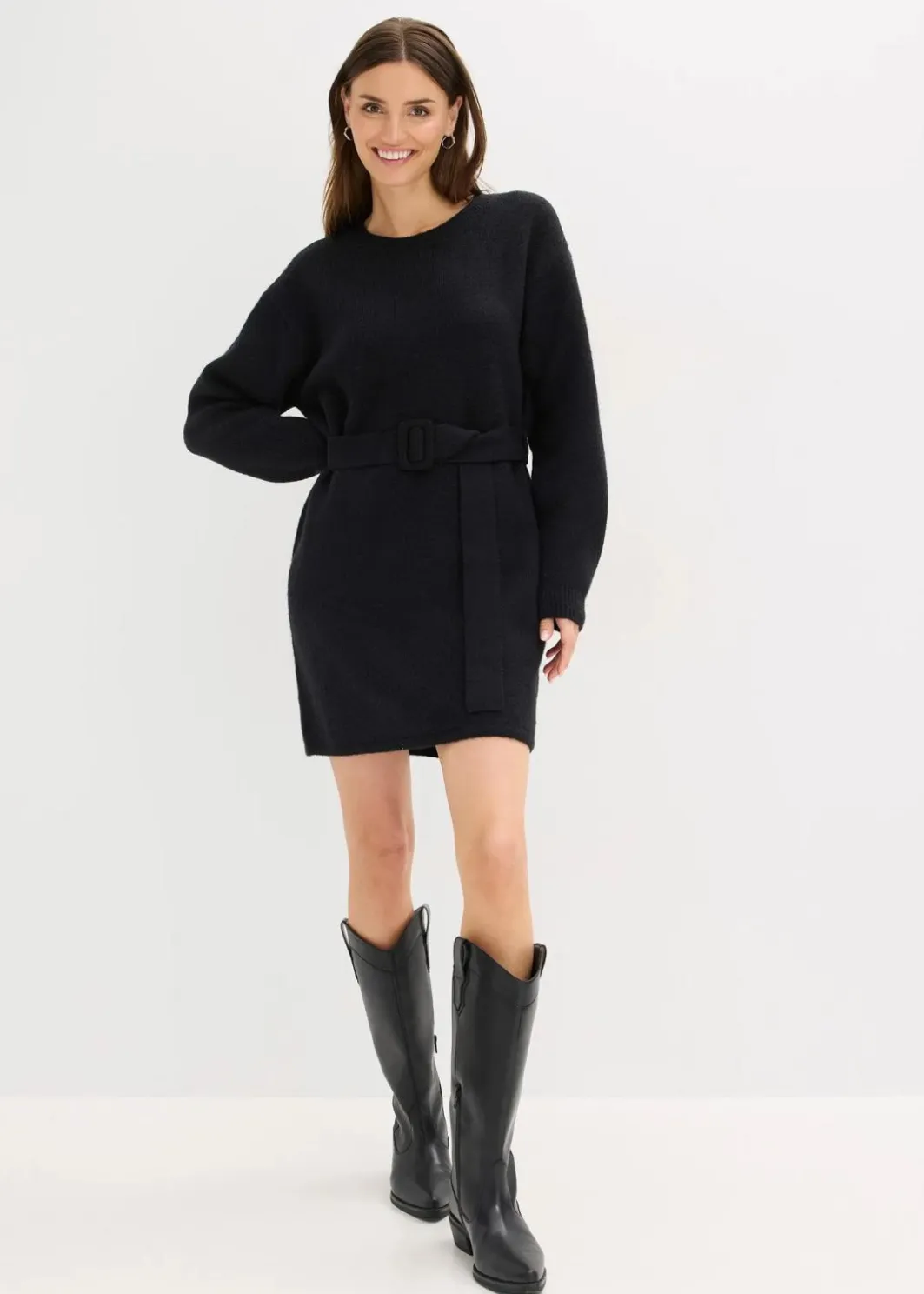 Damen bonprix Kleider|Strickmode|Kurzes Strickkleid mit softem Wollanteil und Gürtel